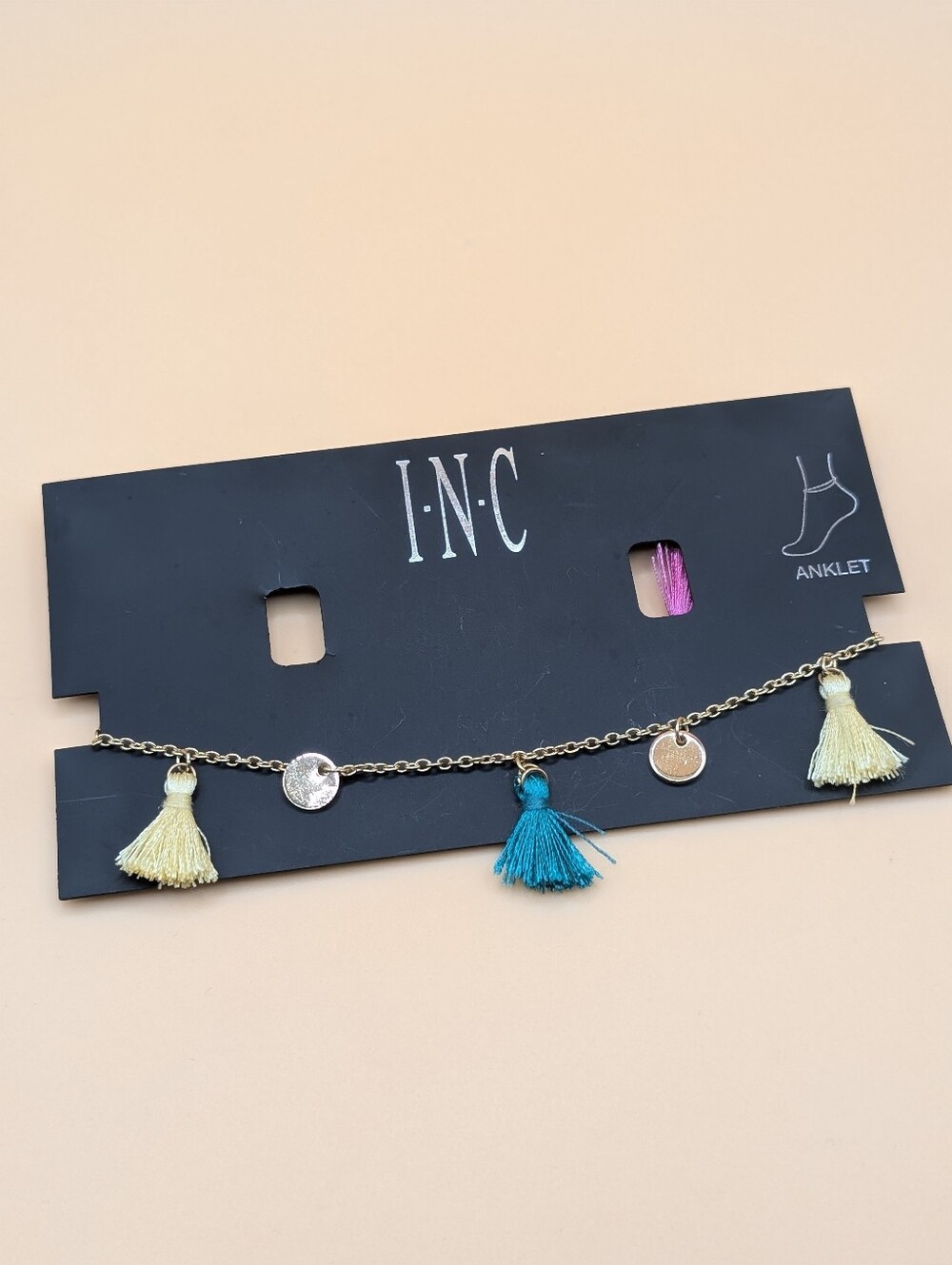 Macy's INC Teal, Pink and Yellow Tassel w/ Gold Charms Anklet on Goldtone Chain